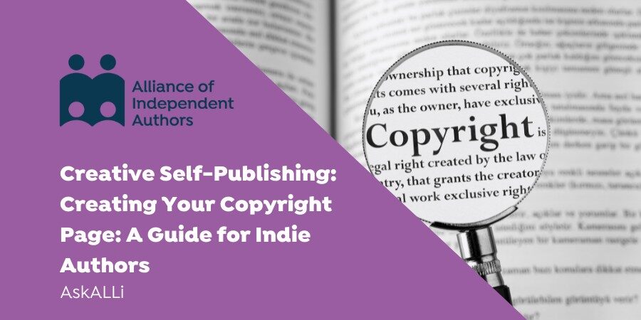创造性的自我出版:创建你的版权页面:独立作者指南:模糊的书和放大镜与版权放大这个词的图像