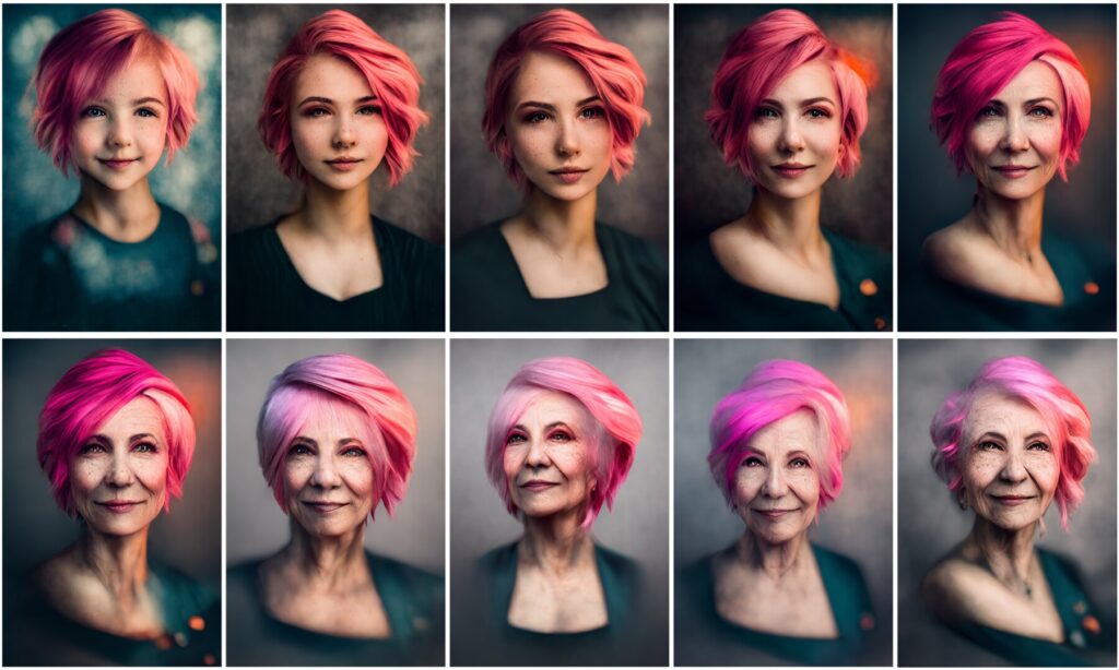 一个从5岁到95岁的女性的AI图像