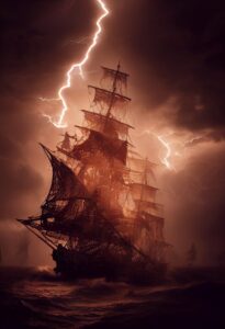 一艘船在暴风雨中，闪电闪烁的AI渲染图