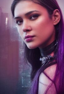 AI:反乌托邦女英雄，紫色头发，黑色皮质颈链，目的不明，3/4的侧面