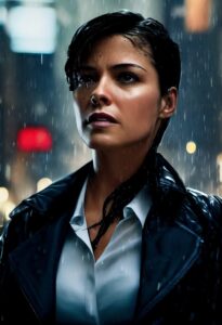 AI:雨中的拉丁女子，长发，警探的浅蓝色衬衫和深色夹克